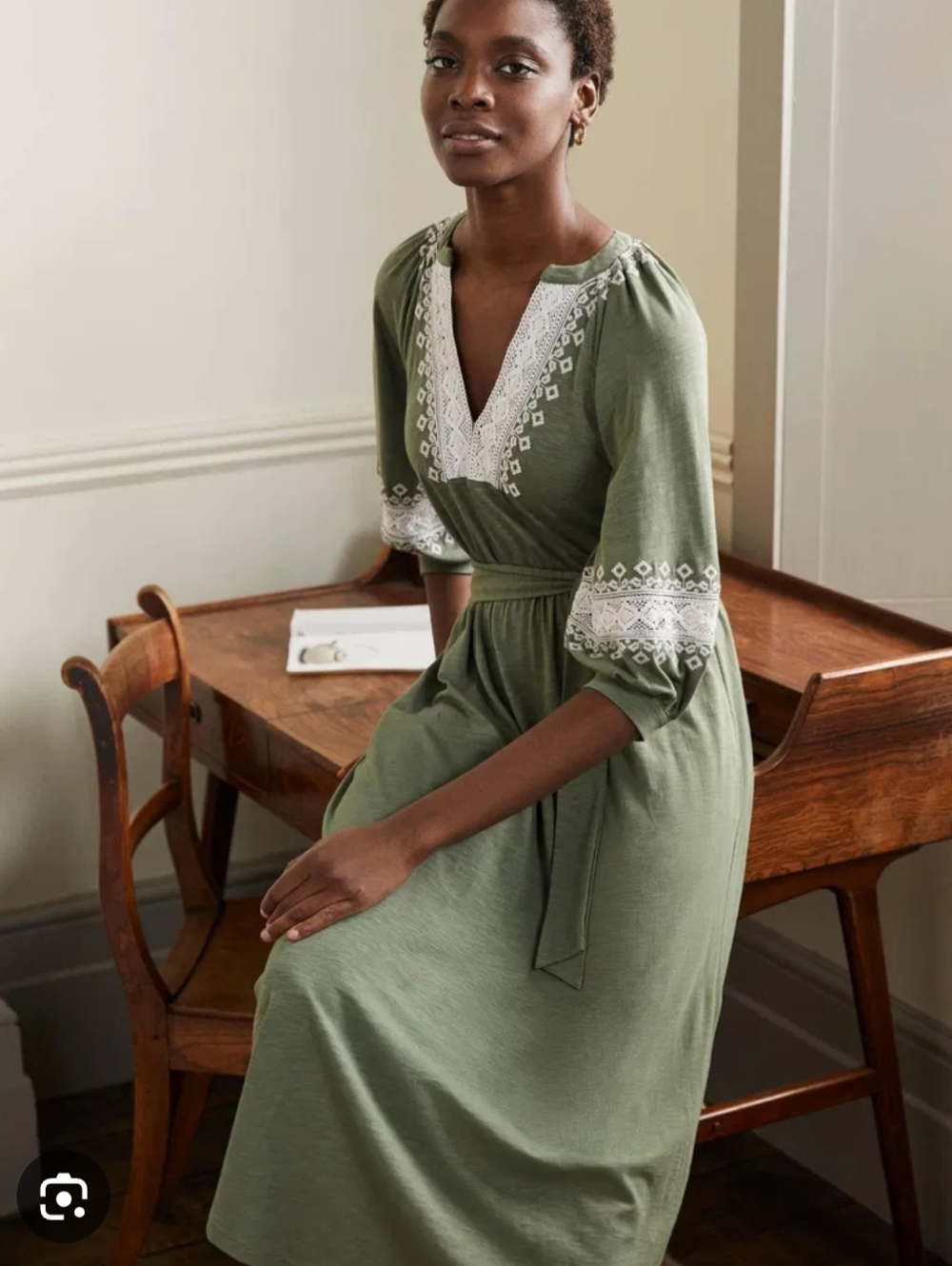 Boden Olive Green Embroidered Midi Wrap Dress - Picture 2 of 8